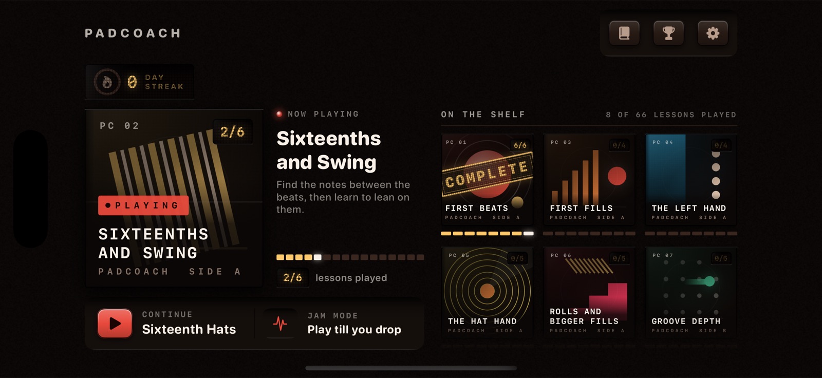 The PadCoach home screen: the current course shown as a large record sleeve with a Continue button, and the rest of the curriculum as a shelf of album covers.